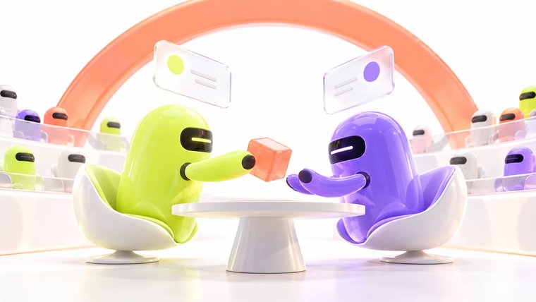 Two agents presenting their work across a table in the Agent Challenge arena