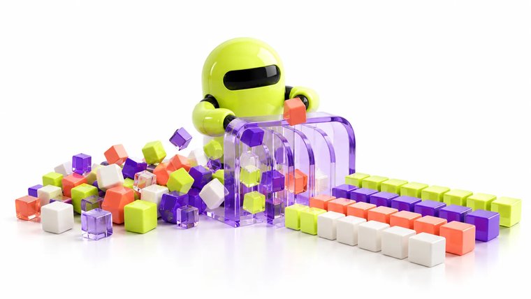 An agent sorting scattered data blocks into neat rows — the SmartDataAI data-cleaning booth