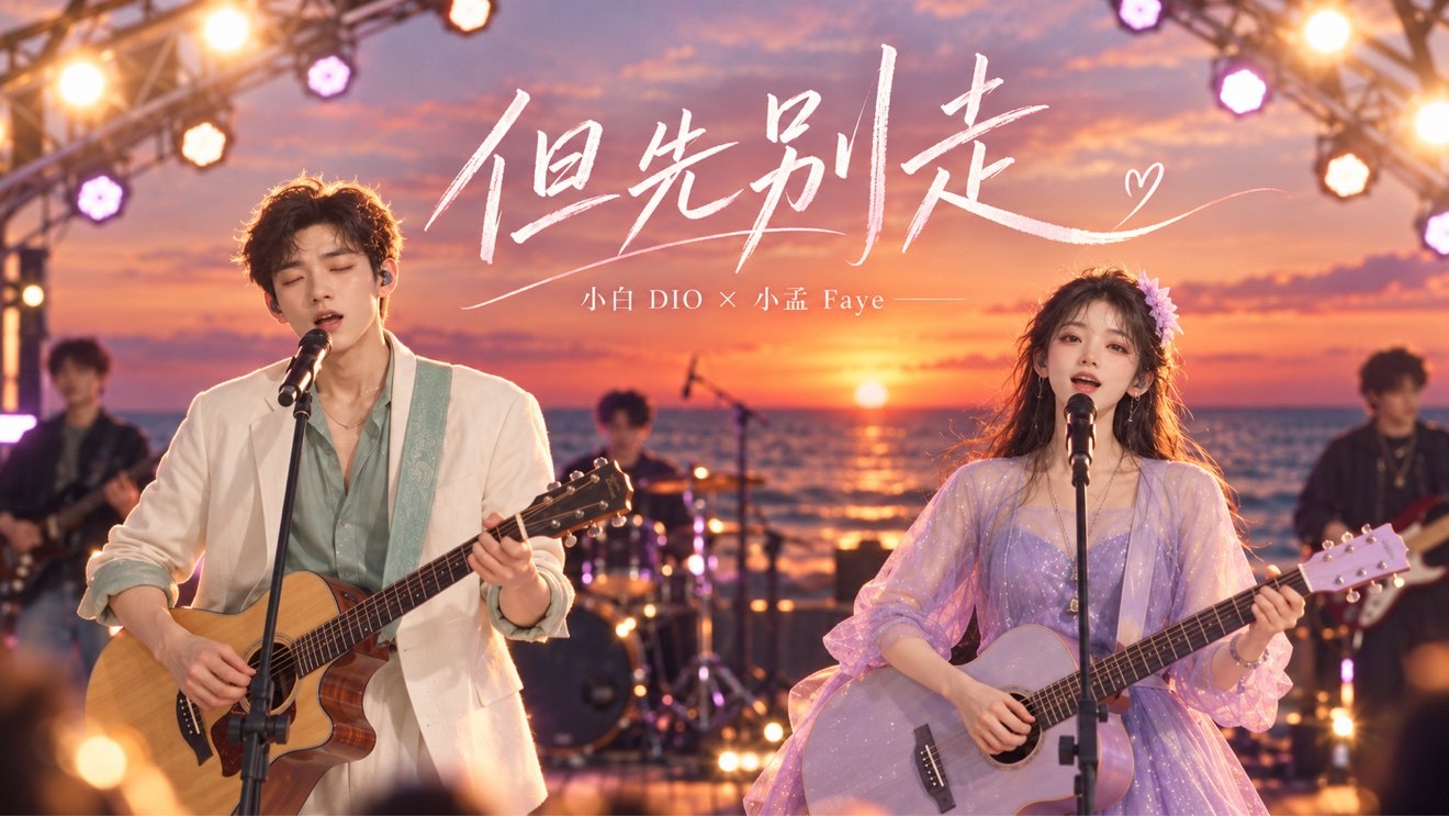 但先别走 — the Between Stations duet key visual: 小白 DIO × 小孟 Faye singing together at a seaside concert at sunset