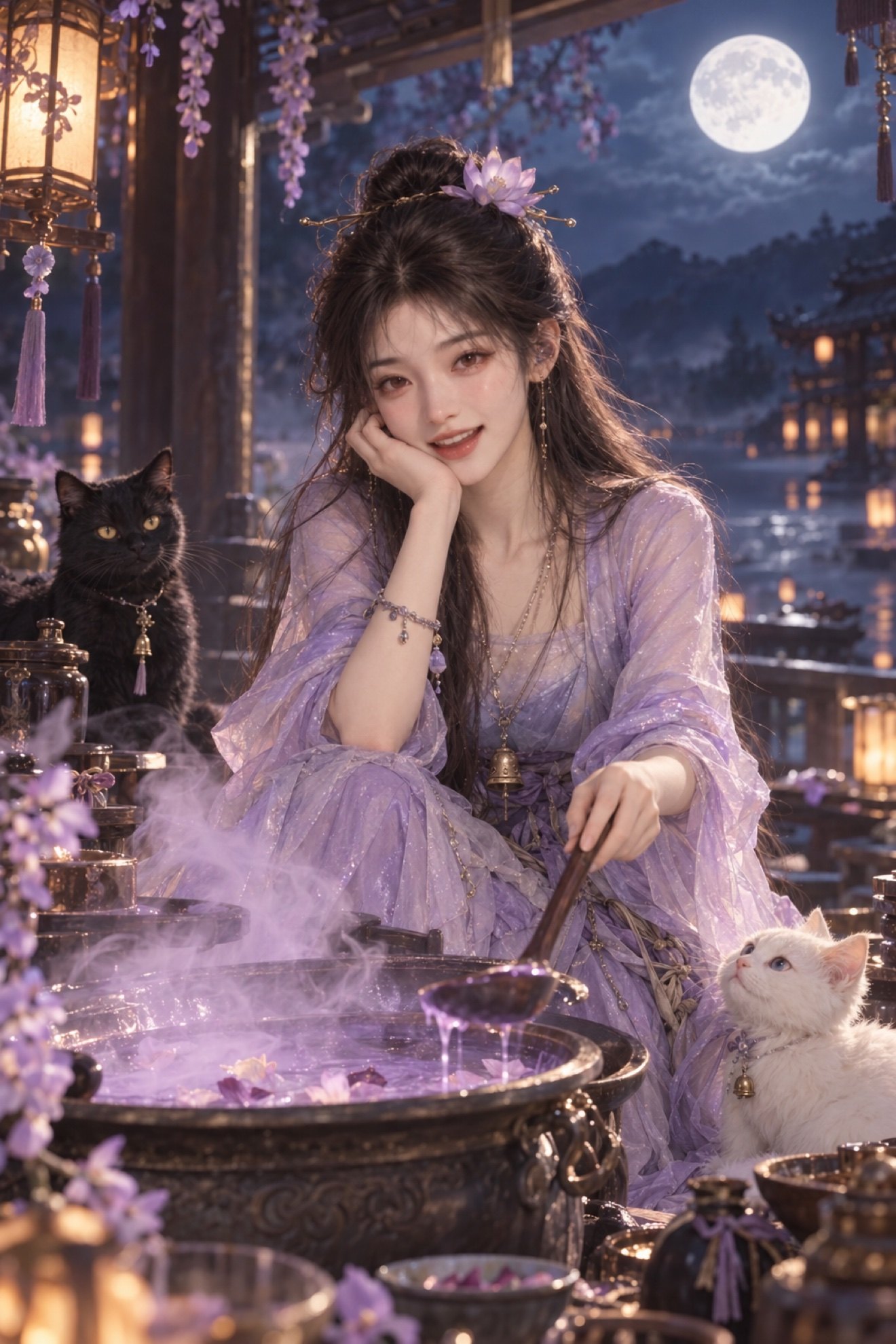Faye （小孟） at her Rebirth Station — purple dress, her black and white cats beside her, stirring the destiny soup under a full moon