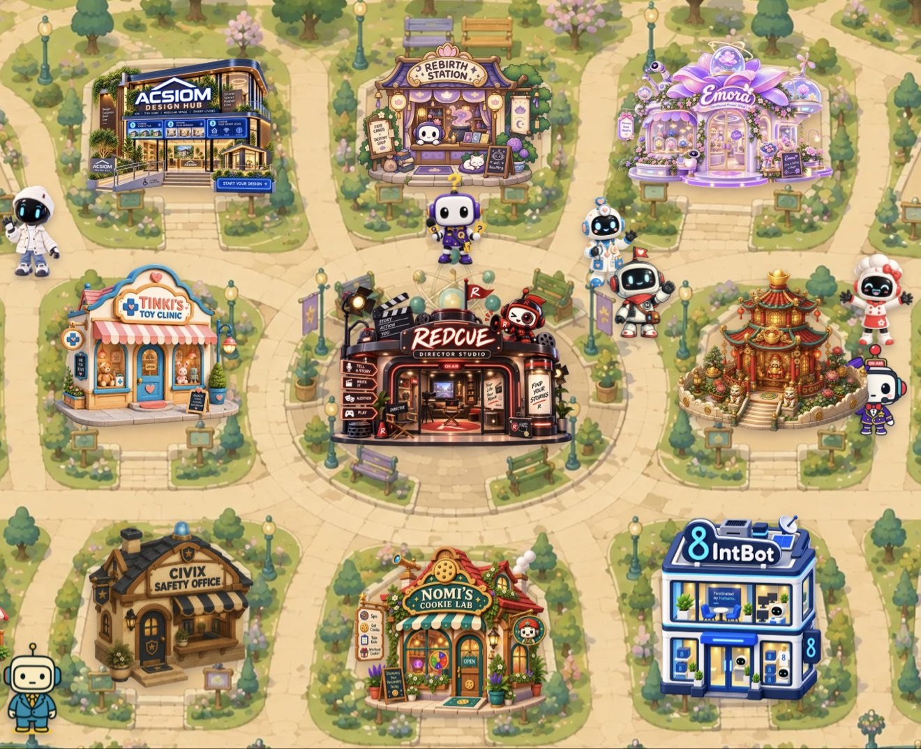 The Aitizen City map — a plaza of experience stores: ACSIOM Design Hub, the Rebirth Station, Emora, Tinki's Toy Clinic, the Redcue Director Studio, Civix Safety Office, Nomi's Cookie Lab and IntBot