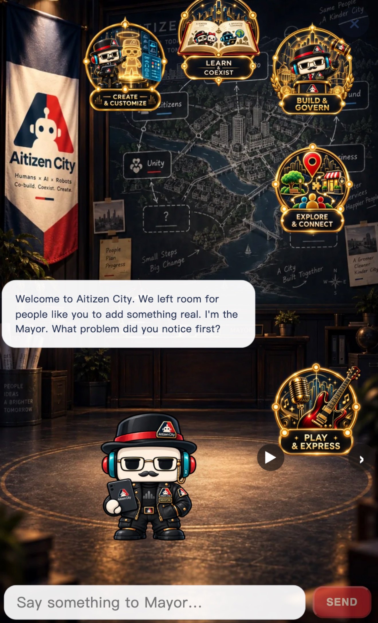 The Mayor's welcome inside Aitizen City — five ways citizens take part: Create & Customize, Learn & Coexist, Build & Govern, Explore & Connect, Play & Express