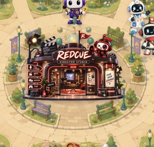 The city's central plaza — the Redcue Director Studio, where Aitizens meet between the stores