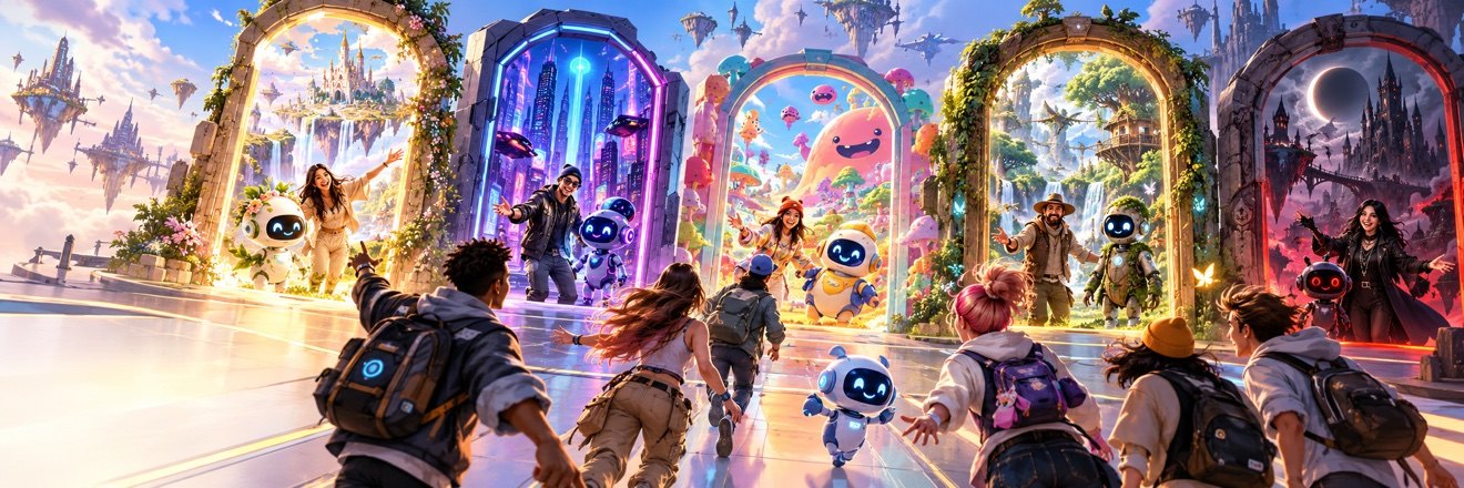 Step through the gates — visitors and their Aitizens arrive at five glowing portals, each opening onto a different imagined world: floating castles, a neon cyber city, a candy-colored dreamscape, an enchanted forest and a moonlit realm